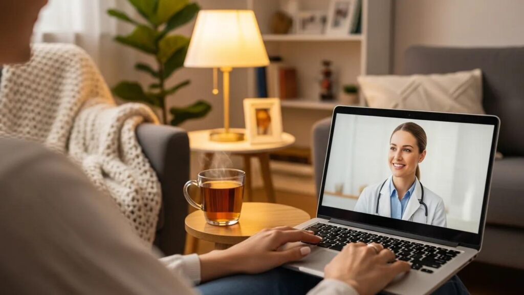 Patient consulting with healthcare provider via telehealth in a cozy home setting