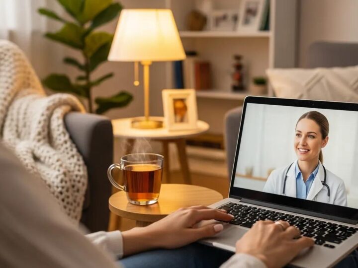 Patient consulting with healthcare provider via telehealth in a cozy home setting