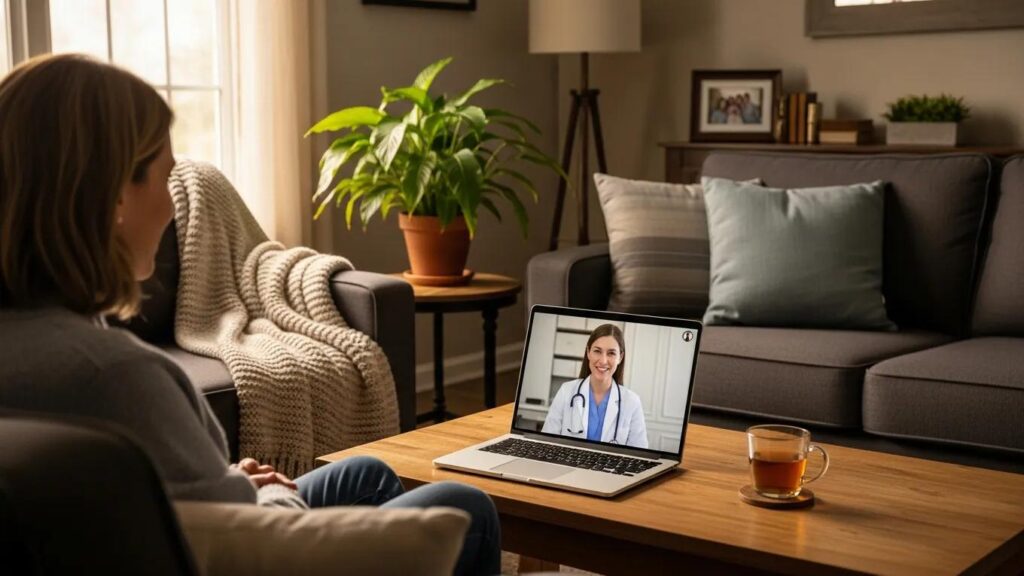 Patient engaging in a telehealth consultation at home, showcasing convenience and accessibility