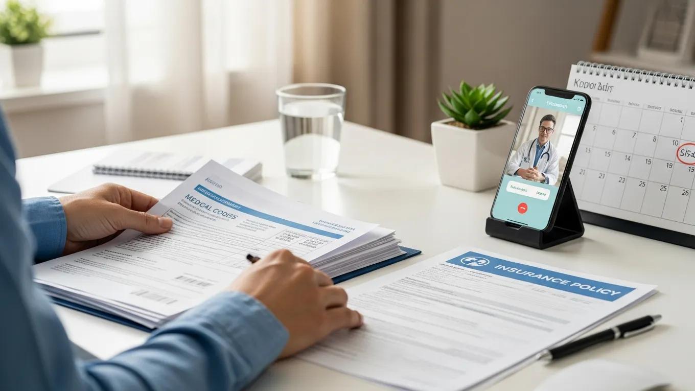 Patient managing healthcare documents and telehealth app on a desk