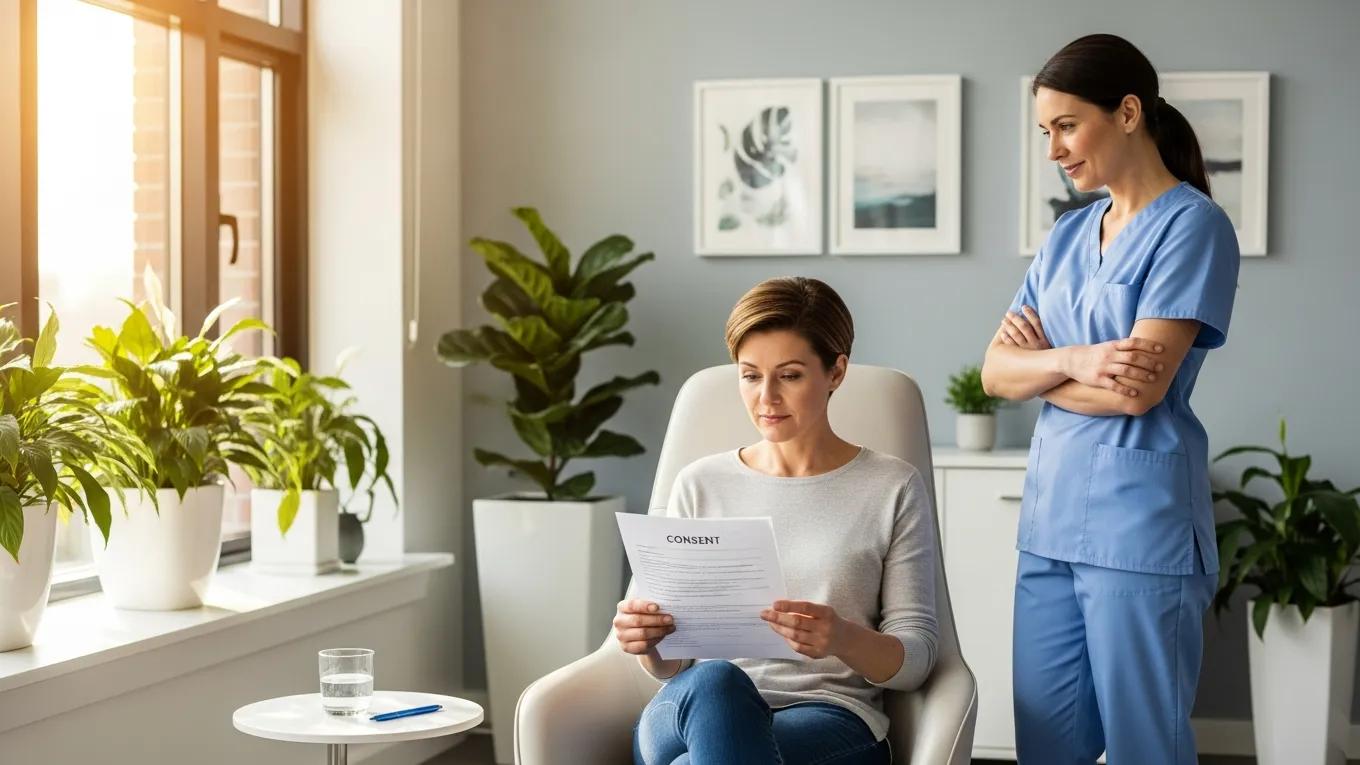 Patient reviewing consent form with a healthcare provider in a welcoming clinical setting