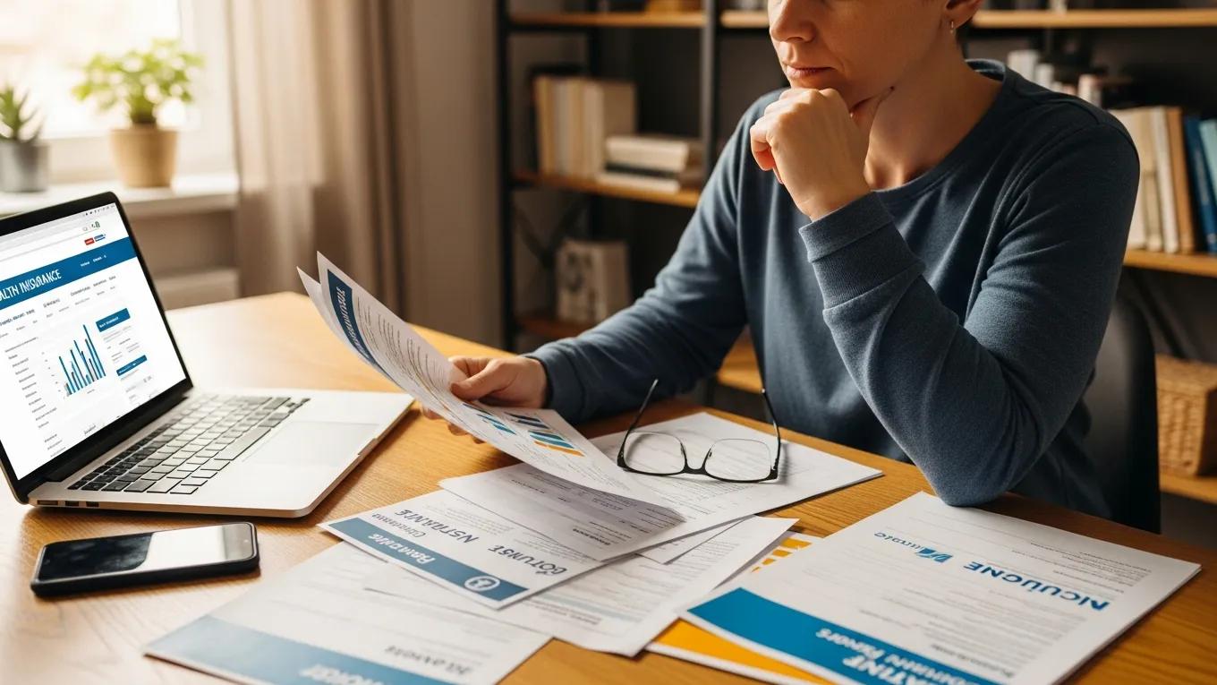 Patient reviewing health insurance documents, emphasizing considerations of cost and privacy in healthcare