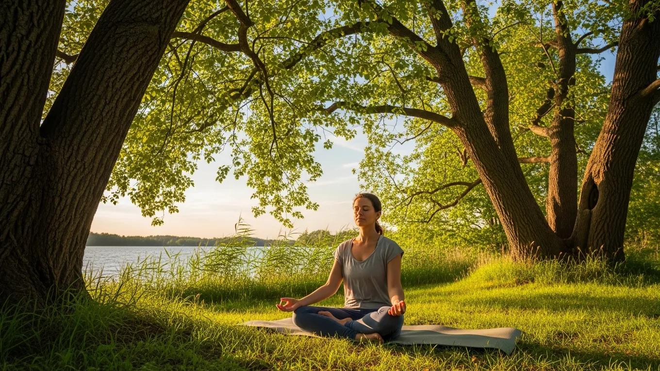 Person practicing deep breathing exercises in a tranquil outdoor setting