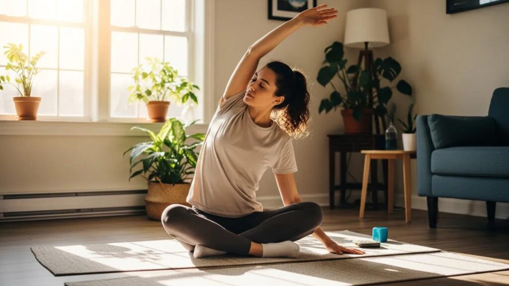 Person practicing morning routine in a bright, serene environment