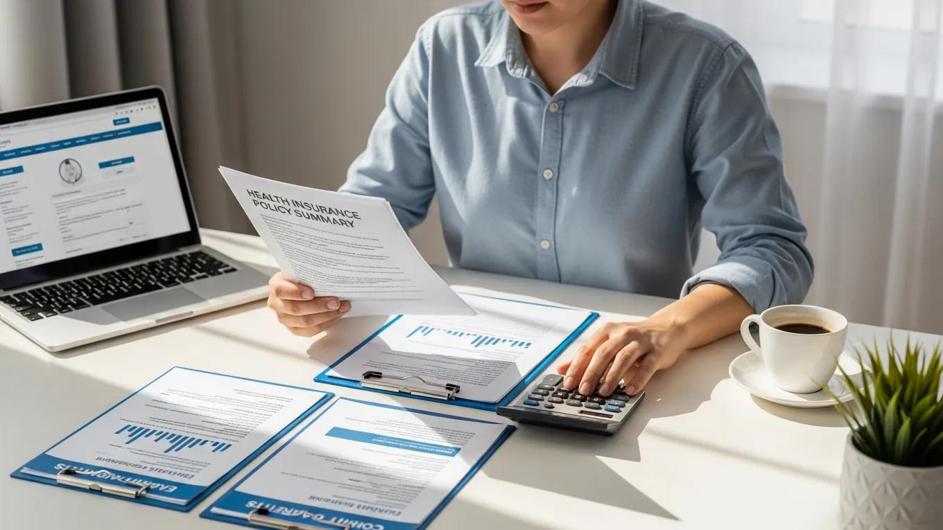Person reviewing health insurance policy documents at a desk with a calculator