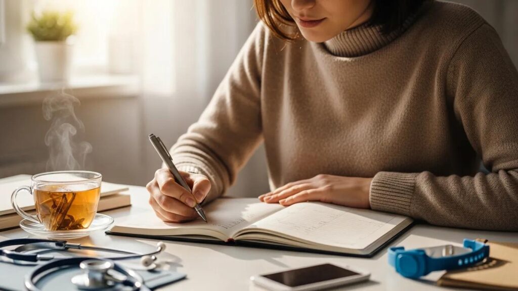 Person tracking health symptoms in a cozy workspace with a journal and health tools