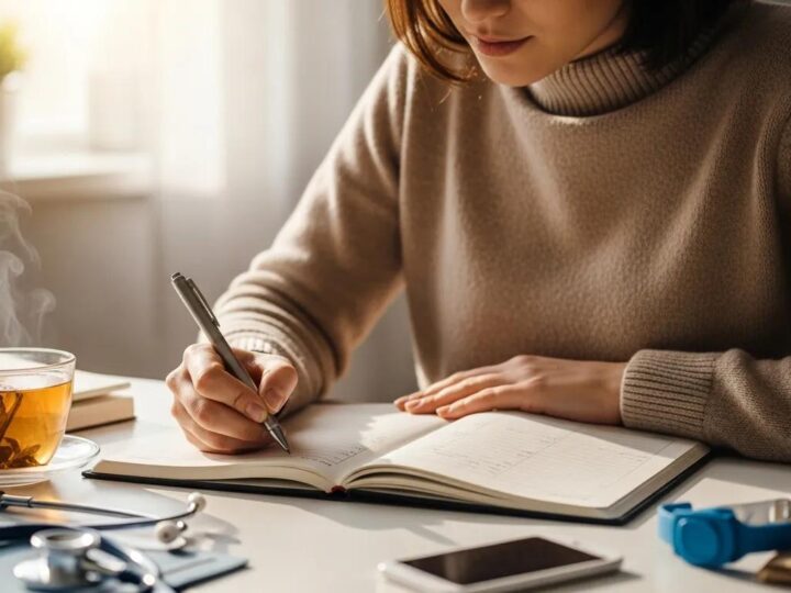 Person tracking health symptoms in a cozy workspace with a journal and health tools