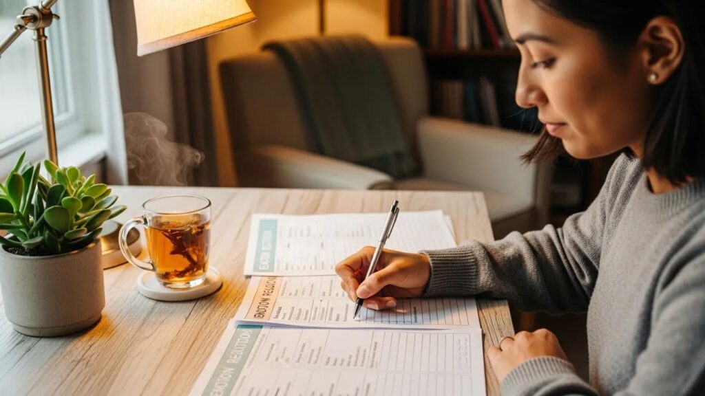 Person using emotion regulation worksheets in a cozy workspace