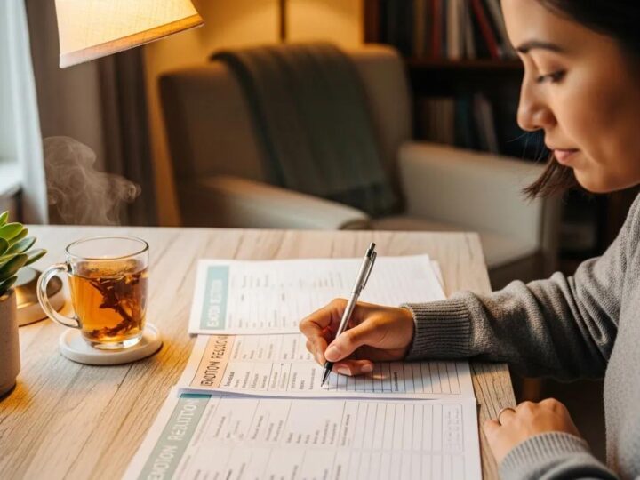 Person using emotion regulation worksheets in a cozy workspace