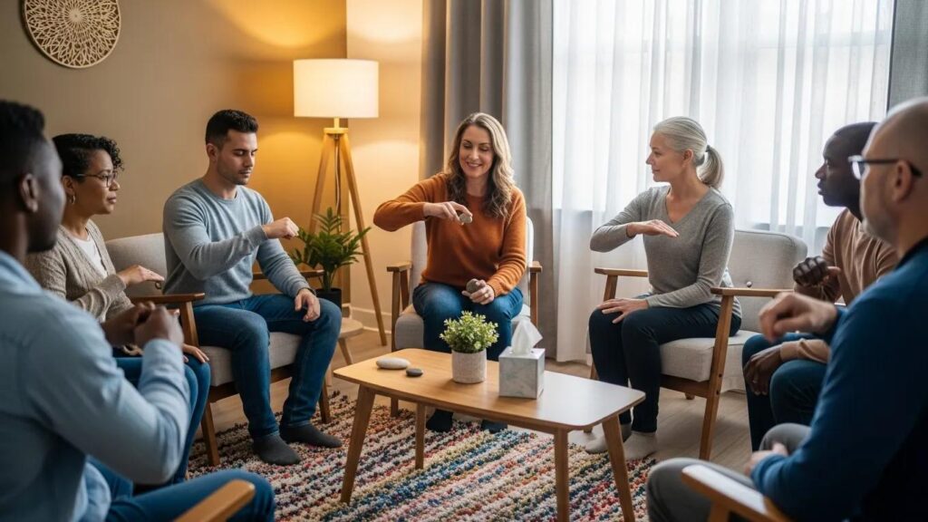 Supportive therapy session for adults with ADHD and autism, highlighting community and understanding
