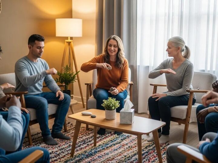 Supportive therapy session for adults with ADHD and autism, highlighting community and understanding