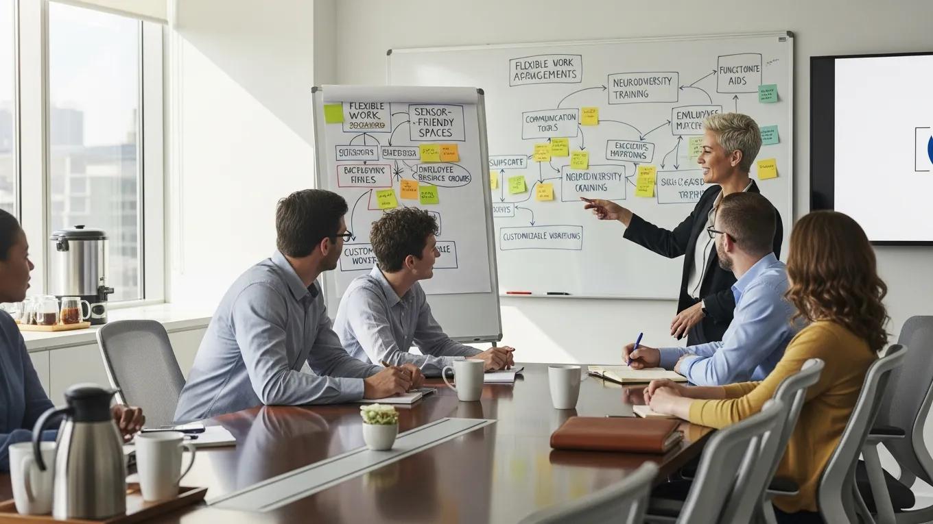 Team meeting focused on designing effective support programs for neurodivergent employees, highlighting collaboration and strategy development