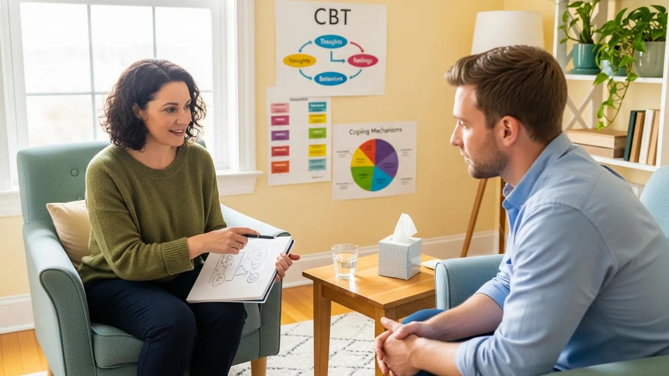 Therapist and client in a cognitive behavioral therapy session, focusing on emotional management techniques