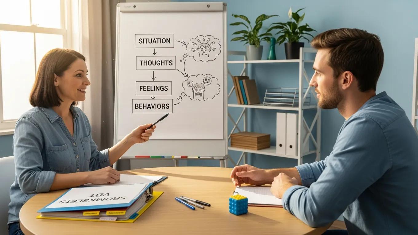 Therapist and neurodivergent adult collaborating on cognitive behavioral techniques in a supportive environment