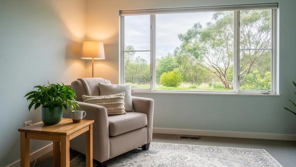 Therapy room designed for emotion regulation skills therapy, featuring comfortable seating and calming decor