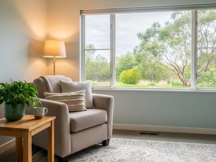 Therapy room designed for emotion regulation skills therapy, featuring comfortable seating and calming decor
