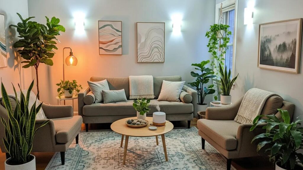 Therapy room designed for neurodivergent adults, featuring calming decor and comfortable seating