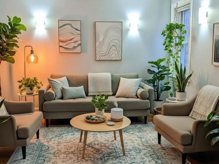 Therapy room designed for neurodivergent adults, featuring calming decor and comfortable seating