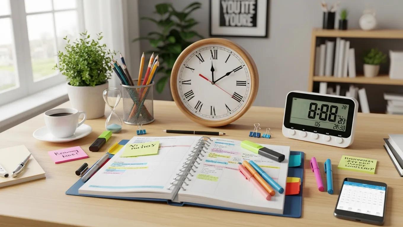 Visual representation of time management tools including a planner, clock, and timer for effective task management