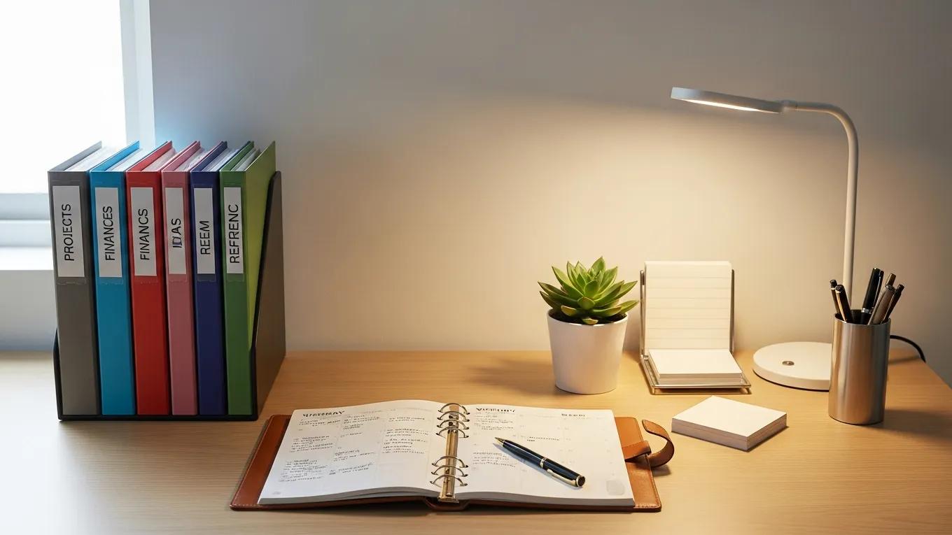 Well-organized workspace showcasing effective organization techniques for executive function