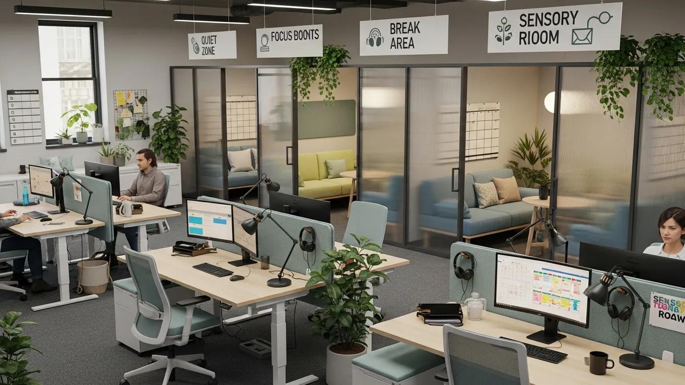 Well-organized workspace with accommodations for neurodivergent employees, showcasing a supportive and inclusive environment