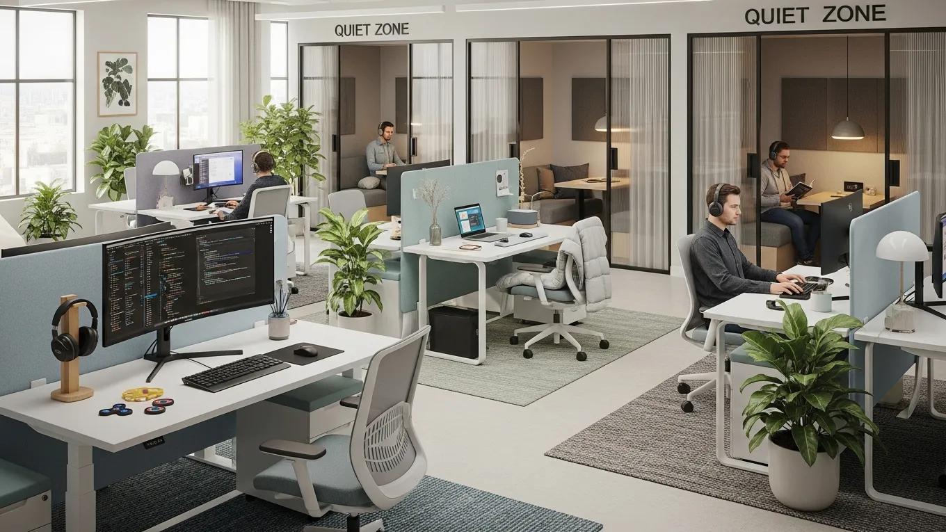 Workspace designed for neurodiverse employees with accommodations like noise-canceling headphones